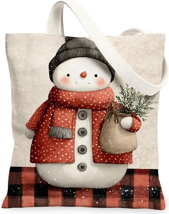 Generic Snow Man Canvas Tote Bags, Cute Winter Character Reusable Bags, Festive Lightweight Washable Shoulder Strap Canvas for Holiday Travel Picnic 13x15 Inc
