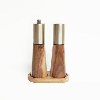 OEM Juego De Cocina De 2 Piezas Con Molinillo De Pimienta Y Sal De Metal Madera Acacia, Incluye Frasco Especias Acero Inoxidable Madera, Color Dorado