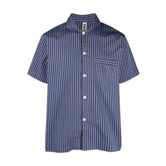 Tekla Overhemden, Heren, Blauw, S, Katoen, Verneuil Stripes Katoen Poplin - Pyjama Korte Mouw Shirt