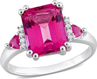 Mimi & Max Womens 4 1/2ct TGW Octagon-Cut Pink Topaz & Trilliant-Cut Ruby Diamond Accent 3-Stone Ring in Sterling Silver