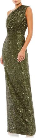 Mac Duggal Womens One Shoulder Ruched Sequin Evening Gown in Olive at Nordstrom, Size 16