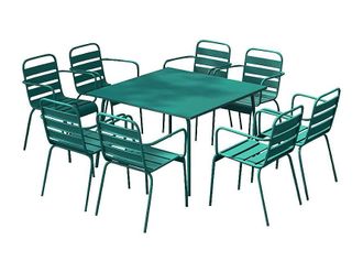 Vente-Unique Comedor de jard&iacute;n de metal - una mesa de 120 cm y 8 sillas apilables - Azul verdoso - MIRMANDE de MYLIA