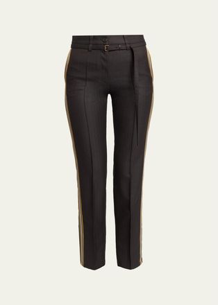 Dries Van Noten Side-Stripe Herringbone Wool Straight-Leg Pants With Belt
