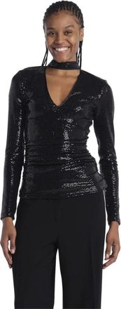 Le Twins Asolo V-hals + pailletten top - Dames - Longsleeves - Zwart - L - Pailletten - Tops