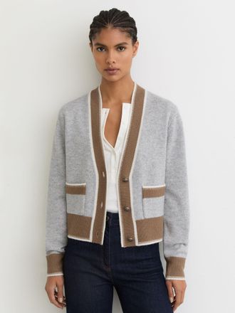 Reiss Grey & neutral Wool-cashmere Tipped Cardigan, XS