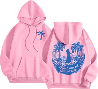 Generic Meet Me at The Ocean Graphic Puff Hoodies for Kids Teen Girls Women UK Casual Cute Oversized Preppy Sweatshirts Long Sleeve Drawstring Streetwear Y2K 
