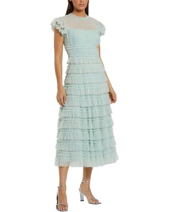 Mac Duggal Mesh Micro Ruffle High Neck Cap Sleeve Midi Dress
