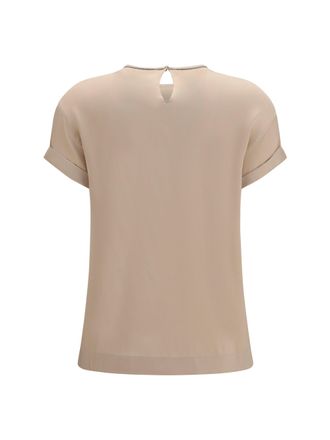 Brunello Cucinelli Womens Silk Blouse With Monili Chain Sabbia Elastane; T-Shirts And Polos