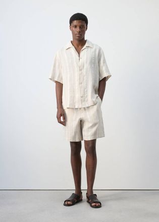 Mango Camicia lino righe collo bowling beige - Uomo - XXL - MANGO MAN