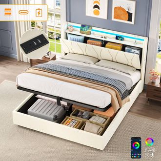 Matteo Double Upholstered Bed Frame with Hydraulic Storage & LED Headboard in Beige