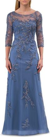 La Femme Beaded Lace Applique Dress with Tulle Skirt and Illusion Sleeves in Blue at Nordstrom, Size 14
