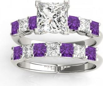 Allurez Princess cut Diamond & Amethyst Bridal Set 14k White Gold 1.30ct