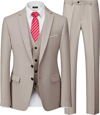 Mys Mens 3 Piece Slim Fit Suit Set with Tie, 2 Button Blazer Jacket Vest & Pants, Business Wedding Party Prom Suit for Men, Beige, L
