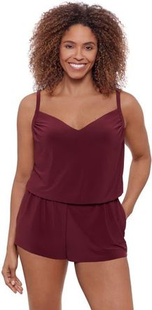 Aqua Green V-Neck Blouson Slimming Swimsuit Romper with Pockets in Currant at Nordstrom, Size X-Large