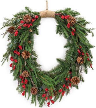 Melrose International Mixed Pine Cone Berry Wreath 30H - Green; Red
