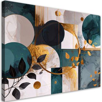 Feeby Cuadro En Lienzo, Formas Abstractas C&iacute;rculos Y Hojas En Turquesa, 100x70