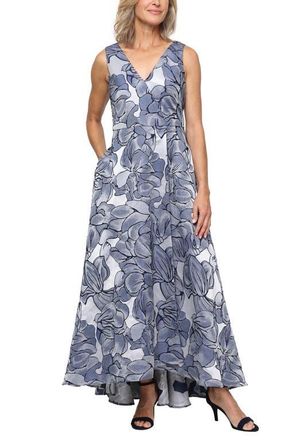 S.L. Fashions Floral Sleeveless Jacquard Gown in Navy Ivory at Nordstrom, Size 10P