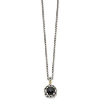 Diamond2Deal Sterling Silver with 14K Accent Checkerboard-cut Black Onyx Pendant Necklace