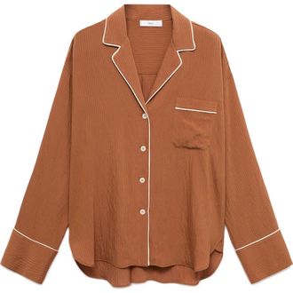 Mango Contrast Piping Crinkle Oversize Button-Up Shirt in Brown at Nordstrom Rack, Size 6
