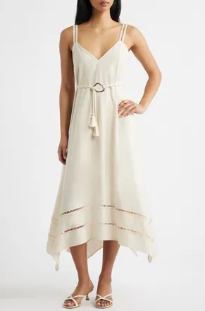 Moon River Ladder Stitch Detail Handkerchief Hem Cotton & Linen Dress in Oatmeal at Nordstrom, Size X-Small