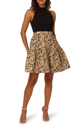 Adrianna Papell Mixed Media Metallic Fit & Flare Dress in Black/Gold at Nordstrom, Size 14