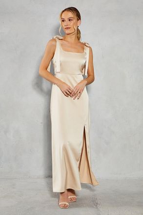 Oasis Womens Satin Tie Shoulder Midi Bridesmaids Dress - Champagne - Size 10 UK