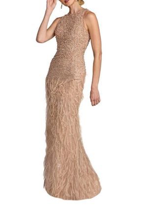 Mac Duggal Embellished Lace Sleeveless Feather Gown in Porcelain at Nordstrom, Size 10