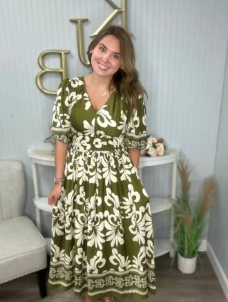 She + Sky 3/4 Sleeve V-Neck Printed Woven Midi Dress With Side Pocket In Olive
