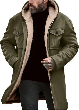 Generic Winter Jackets for Men UK Work Long Coats with Flap Pockets Hooded Trucker Jacket sherpa Fleece Lined Jackets Casual Oversized Motorcycle Trench Coat 