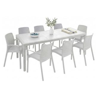 Dmora Conjunto De Sal&oacute;n De Exterior Manarola, Mesa Rectangular Extensible Con 8 Sillas Y Reposabrazos, Fabricado En Italia, Color Blanco - Dmora