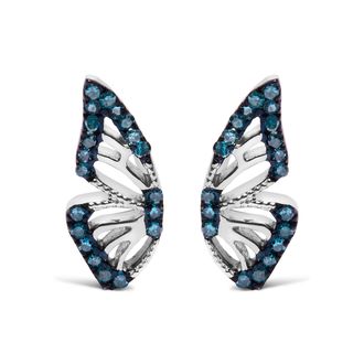 House of Brilliance Sterling Silver 1/6 Cttw Blue Treated Diamond Butterfly Stud Earrings
