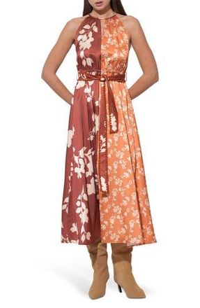 Adelyn Rae Sandi Two-Tone Mixed Floral Print Satin Dress in Marigold/Brown at Nordstrom Rack, Size X-Small