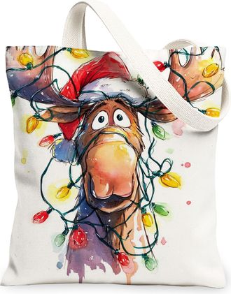 Generic Christmas Moose Canvas Tote Bags, Holiday Reusable Grocery Bags, Lightweight Washable Shoulder Strap Canvas for Travel Beac, White, 13x15 Inch