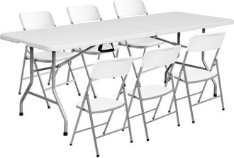 LOLAhome Conjunto de mesa rectangular doble y 6 sillas plegables de HDPE blanco