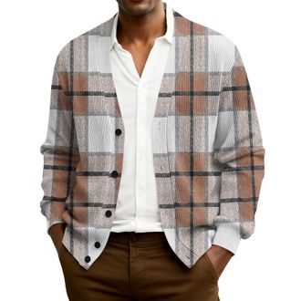 Generic Mens Knitted Cardigan Classic Plaid Cardigans V Neck Button Jumper Winter Warm Casual Long Sleeve Wool Blend Sweater