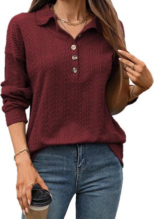 Generic Womens Long Sleeve Poloneck Top - Textured Knit Button Half-Placket Jumper for Casual, Office & Daily Wear (Burgundy, XL)