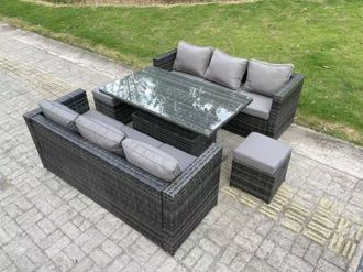 Fimous 8 Seater Outdoor Rattan Sofa Set Garden Furniture Adjustable Rising Lifting Dining Table Footstools in Dark Grey