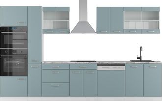 Vicco Mueble De Cocina R-line, Azul-gris-blanco, 350 Cm Con Armario Alto, Et M&aacute;rmol