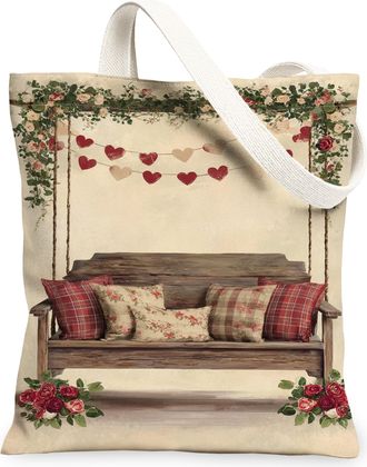 Generic Vintage Floral Canvas Tote Bags, Rustic Flower Pattern Reusable Grocery Bags, Lightweight Washable Shoulder Strap Canvas Fo, Beige, 13x15 Inch