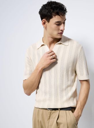 Le 31 Mens Openwork knit Johnny-collar Polo Shirt