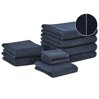 Beliani Beliani - Conjunto De 9 Toallas De Algod&oacute;n Azul Oscuro Chevron Textura Suave Ba&ntilde;o Mitiaro