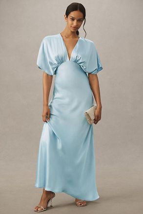 BHLDN Amelia Deep-V Flutter-Sleeve Satin A-Line Gown