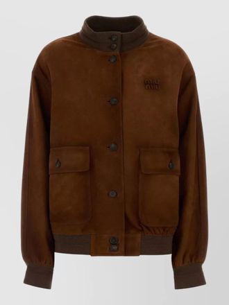 Miu Miu suede bomber jacket front pockets ribbed cuffs hem