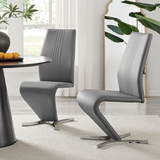 Furniturebox Set of 2 Willow Contemporary Z Shaped Faux Leather Dining Chairs With Silver Chrome Metal Legs in Grey