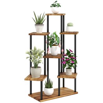 OUTSUNNY 7 Tier Plant Stand - Tall Steel Wood Plant Shelf - Carbonised Finish | TJ Hughes