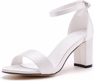 Generic White,7.5 UK,Womens Satin Sandals Peep Open Toe Ankle Strap Chunky Block High Heels Comfort Wedding Prom Party Dress Pumps Shoes