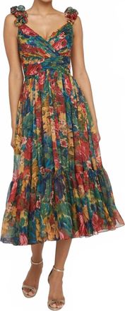 Theia Tate Ruffle Shoulder Midi Dress In Tapestry Roses