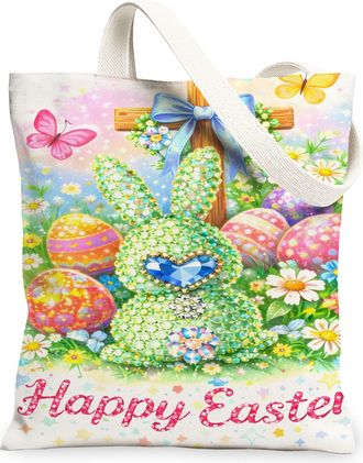 Generic Easter Bunny Canvas Tote Bags, Spring Floral Design Reusable Grocery Bags, Lightweight Washable Shoulder Strap Canvas for T, White, 13x15 Inch