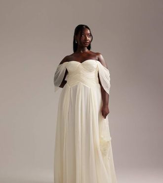 Asos Curve ASOS DESIGN Curve pleated corset maxi wedding dress with draped sleeves in ivory-White