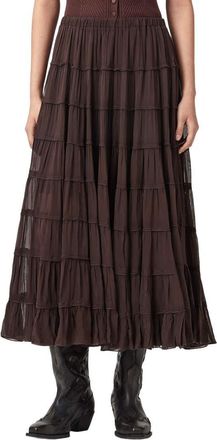 AllSaints Eva Tiered Midi Skirt in Bottle Brown at Nordstrom, Size 10 Us